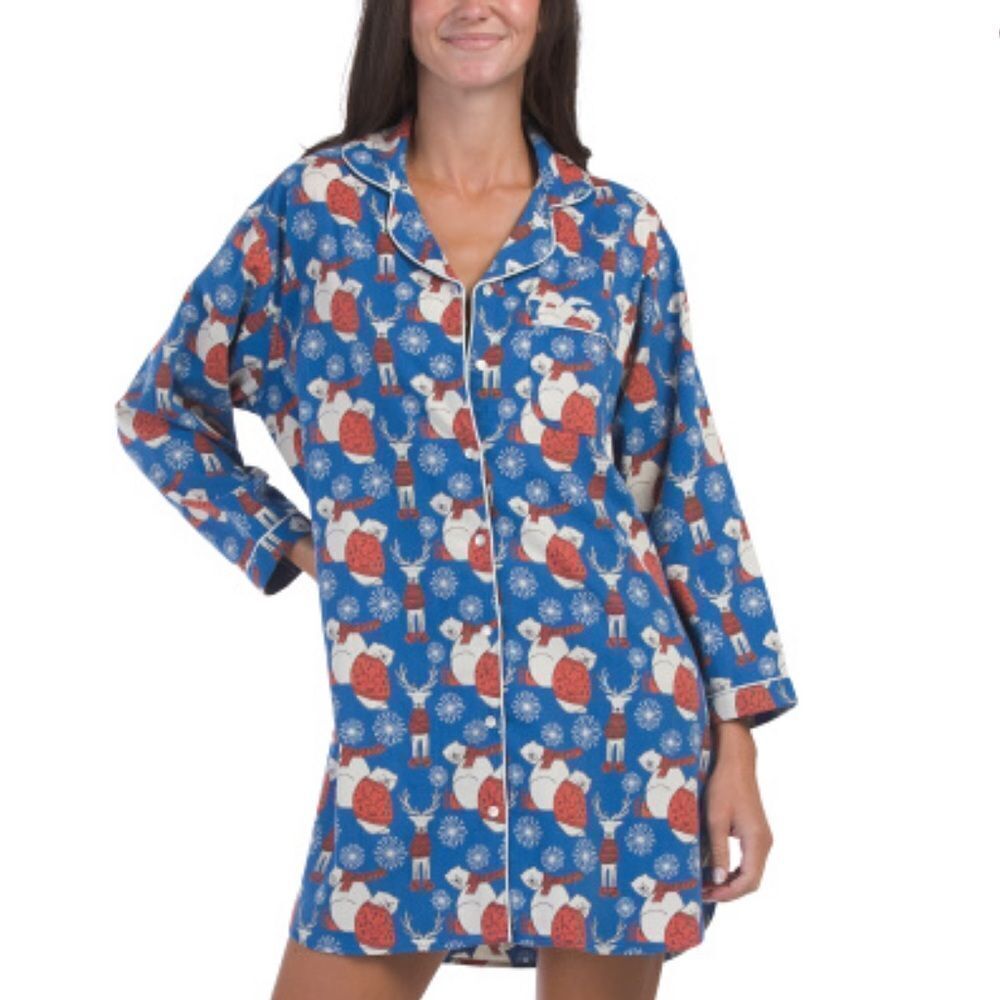 Mahogany Snow Buddies Polar Bears Rain Deer Flannel Sleep Night Shirt